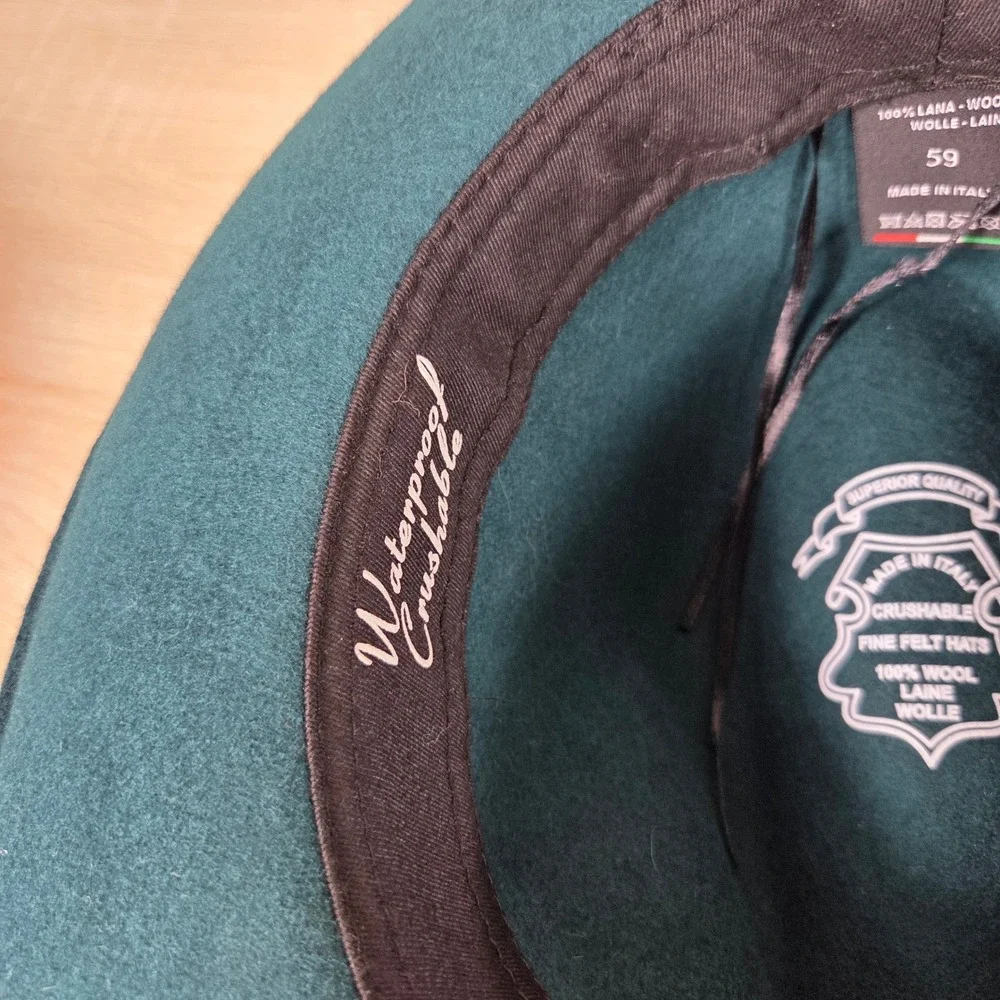Made in Italy Wool Felt Fedora Hat Size 59 Dark Green Crushable Waterproof